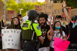 (Trent Nelson  |  The Salt Lake Tribune) Protesters march against police brutality in Salt Lake City on Tuesday, June 2, 2020.