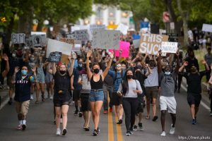 (Trent Nelson  |  The Salt Lake Tribune) Protesters march against police brutality rally down State Street in Salt Lake City on Friday, June 5, 2020.