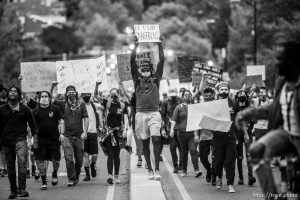 (Trent Nelson  |  The Salt Lake Tribune) Protesters march against police brutality rally down State Street in Salt Lake City on Friday, June 5, 2020.