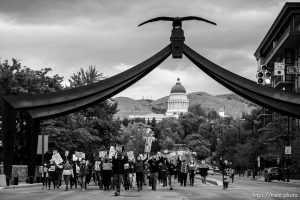 (Trent Nelson  |  The Salt Lake Tribune) Protesters march against police brutality in Salt Lake City on Sunday, June 7, 2020.