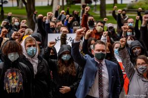 (Trent Nelson  |  The Salt Lake Tribune) Protesters calling for criminal justice reform gather at City Hall in Salt Lake City on Monday, June 8, 2020. Public defenders from across the country participated in Black Lives Matter protests, including this march hosted by the Salt Lake Legal Defender Association.
