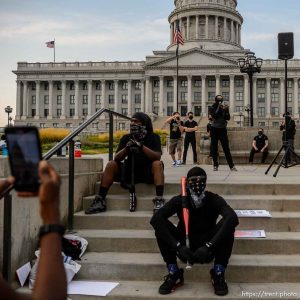(Trent Nelson  |  The Salt Lake Tribune) Protesters at the State Capitol in Salt Lake City on Saturday, Aug. 22, 2020.