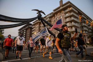 (Trent Nelson  |  The Salt Lake Tribune) About 300 people in support of police march down State Street in Salt Lake City on Saturday, Aug. 22, 2020.