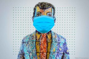 (Trent Nelson  |  The Salt Lake Tribune) Viola Frey's Ethnic Man appears wearing a mask as Utah Museum of Fine Arts in Salt Lake City opens for the first time in five months, with new COVID-19 restrictions in place, on Wednesday, Aug. 26, 2020.