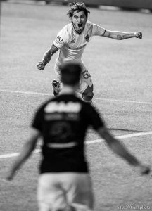 (Trent Nelson  |  The Salt Lake Tribune) Colorado Rapids forward Braian Galván celebrates a goal as Real Salt Lake hosts the Colorado Rapids at Rio Tinto Stadium in Sandy on Saturday, Sept. 12, 2020.