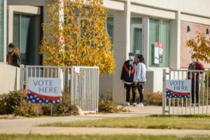 (Trent Nelson  |  The Salt Lake Tribune) Voters in line at the Hunter Library in West Valley City on election day, Tuesday, Nov. 3, 2020.