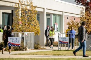 (Trent Nelson  |  The Salt Lake Tribune) Voters in line at the Hunter Library in West Valley City on election day, Tuesday, Nov. 3, 2020.