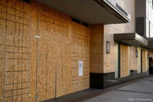 (Trent Nelson  |  The Salt Lake Tribune) Plywood covers windows at Nordstrom in Salt Lake City on election day, Tuesday, Nov. 3, 2020.