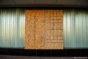 (Trent Nelson  |  The Salt Lake Tribune) Plywood covers windows at Nordstrom in Salt Lake City on election day, Tuesday, Nov. 3, 2020.
