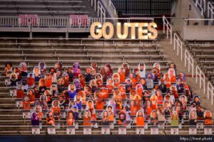 (Trent Nelson  |  The Salt Lake Tribune) cardboard fans, as the Utah Utes host the USC Trojans, NCAA football at Rice-Eccles Stadium in Salt Lake City on Saturday, Nov. 21, 2020.