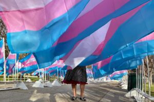 (Trent Nelson  |  The Salt Lake Tribune) Tisha Olsen of Project Rainbow poses for photographer Robin Pendergrast in front of Trans Pride flags marking Transgender Awareness Week at City Hall in Salt Lake City on Tuesday, Nov. 17, 2020. Each of the more than 300 Trans Pride flags stands in remembrance of a transgender person murdered in the last year.