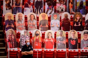 (Trent Nelson  |  The Salt Lake Tribune) Cardboard fans in the stands of the Huntsman Center as Utah hosts Washington, NCAA basketball in Salt Lake City on Thursday, Dec. 3, 2020.