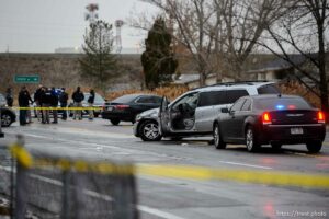 (Trent Nelson  |  The Salt Lake Tribune) Police at the scene of a shooting, at 700 North and 1860 West in Salt Lake City on Thursday, Dec. 17, 2020.
