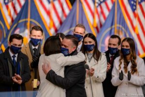 (Trent Nelson  |  The Salt Lake Tribune) Deidre Henderson is sworn as Lt. Gov. by Justice Paige Peterson at Tuacahn Center for the Arts in Ivins on Monday, Jan. 4, 2021. At right is Gabe Henderson.