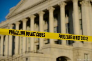 (Trent Nelson  |  The Salt Lake Tribune) police tape at the state Capitol in Salt Lake City on Sunday, Jan. 17, 2021.