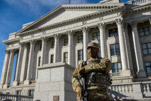 (Trent Nelson  |  The Salt Lake Tribune) National Guard troops at the state Capitol in Salt Lake City on Sunday, Jan. 17, 2021.