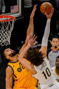 (Trent Nelson  |  The Salt Lake Tribune) Utah Jazz center Rudy Gobert (27) defending New Orleans Pelicans center Jaxson Hayes (10) as the Utah Jazz host the New Orleans Pelicans, NBA basketball in Salt Lake City on Tuesday, Jan. 19, 2021.