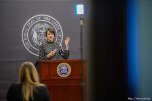 (Trent Nelson  |  The Salt Lake Tribune) Dr. Angela Dunn speaks at a news conference in Salt Lake City on Thursday, Jan. 28, 2021.
