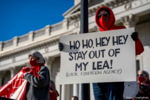 (Trent Nelson | The Salt Lake Tribune) Salt Lake City School District teachers and students rally at the state Capitol in Salt Lake City on Wednesday, Feb. 24, 2021.