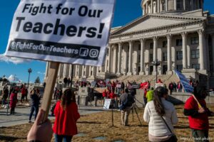(Trent Nelson | The Salt Lake Tribune) Salt Lake City School District teachers and students rally at the state Capitol in Salt Lake City on Wednesday, Feb. 24, 2021.