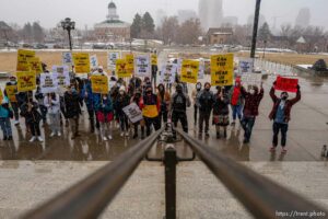 (Trent Nelson | The Salt Lake Tribune) Students from Dixie State University rally at the state Capitol in Salt Lake City on Wednesday, Feb. 24, 2021, calling on lawmakers to change the name of their school.