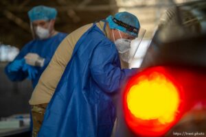 (Trent Nelson  |  The Salt Lake Tribune) Sgt. 1st Class Sean Conorich working at a COVID-19 testing site run by the Utah National Guard at the Utah State Fairpark in Salt Lake City on Thursday, Feb. 25, 2021.