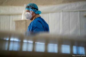 (Trent Nelson  |  The Salt Lake Tribune) Sgt. 1st Class Sean Conorich working at a COVID-19 testing site run by the Utah National Guard at the Utah State Fairpark in Salt Lake City on Thursday, Feb. 25, 2021.