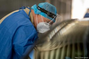 (Trent Nelson  |  The Salt Lake Tribune) Sgt. 1st Class Sean Conorich working at a COVID-19 testing site run by the Utah National Guard at the Utah State Fairpark in Salt Lake City on Thursday, Feb. 25, 2021.