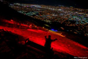 (Trent Nelson  |  The Salt Lake Tribune) A group of people, including many BYU students, shine Pride colors on the Y on the mountain above BYU in Provo on Thursday, March 4, 2021.