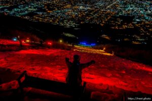 (Trent Nelson  |  The Salt Lake Tribune) A group of people, including many BYU students, shine Pride colors on the Y on the mountain above BYU in Provo on Thursday, March 4, 2021.