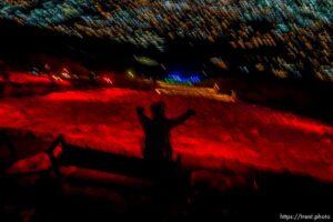 (Trent Nelson  |  The Salt Lake Tribune) A group of people, including many BYU students, shine Pride colors on the Y on the mountain above BYU in Provo on Thursday, March 4, 2021.