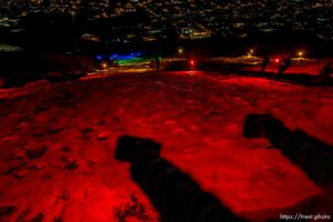 (Trent Nelson  |  The Salt Lake Tribune) A group of people, including many BYU students, shine Pride colors on the Y on the mountain above BYU in Provo on Thursday, March 4, 2021.