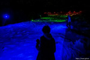 (Trent Nelson  |  The Salt Lake Tribune) A group of people, including many BYU students, shine Pride colors on the Y on the mountain above BYU in Provo on Thursday, March 4, 2021.