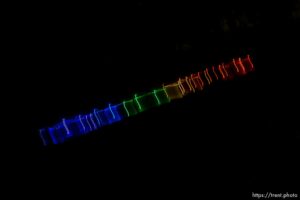 (Trent Nelson  |  The Salt Lake Tribune) A group of people, including many BYU students, shine Pride colors on the Y on the mountain above BYU in Provo on Thursday, March 4, 2021.