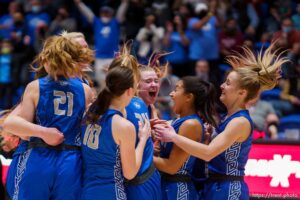 (Trent Nelson  |  The Salt Lake Tribune) Fremont players celebrate after defeating Herriman High School in the 6A girls basketball state championship game, in Taylorsville on Saturday, March 6, 2021.
