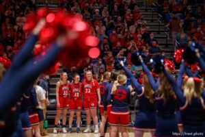 (Trent Nelson  |  The Salt Lake Tribune) as Springville faces Farmington High School in the 5A girls basketball state championship game, in Taylorsville on Saturday, March 6, 2021.  Lauryn Deede, Kayla Porray, Addisyn Johnson