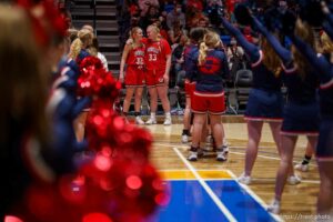 (Trent Nelson  |  The Salt Lake Tribune) as Springville faces Farmington High School in the 5A girls basketball state championship game, in Taylorsville on Saturday, March 6, 2021.  Lauryn Deede, Addisyn Johnson