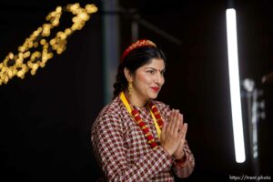 (Trent Nelson  |  The Salt Lake Tribune) Anju Thaoaliya performs a Nepali dance during for the livestream of the Women of World Refugee Fashion at Commonwealth Studios in Salt Lake City on Wednesday, March 10, 2021.
