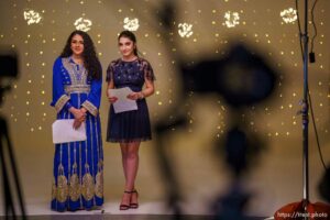 (Trent Nelson  |  The Salt Lake Tribune) Nora Abu-Dan and Satin Tashnizi host the livestream of the Women of World Refugee Fashion at Commonwealth Studios in Salt Lake City on Wednesday, March 10, 2021.