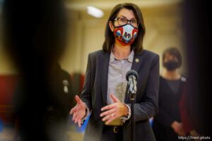 (Trent Nelson  |  The Salt Lake Tribune) Lt. Gov. Deidre Henderson is given a tour as teachers and staff of the Canyons School District received their second shots of the Moderna vaccine at Mount Jordan Middle School in Sandy on Thursday, March 11, 2021.