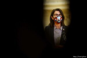 (Trent Nelson  |  The Salt Lake Tribune) Lt. Gov. Deidre Henderson is given a tour as teachers and staff of the Canyons School District received their second shots of the Moderna vaccine at Mount Jordan Middle School in Sandy on Thursday, March 11, 2021.