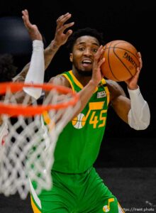 (Trent Nelson  |  The Salt Lake Tribune) Utah Jazz guard Donovan Mitchell (45) as the Utah Jazz host the Houston Rockets, NBA basketball in Salt Lake City on Friday, March 12, 2021.