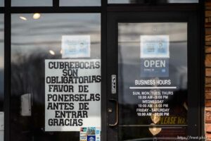(Trent Nelson  |  The Salt Lake Tribune) A sign calls for mask-wearing at La Hacienda in Salt Lake City on Tuesday, March 16, 2021.