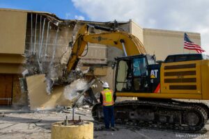 (Trent Nelson  |  The Salt Lake Tribune) Provo Mayor Michelle Kaufusi pulls down the face of what was a Shopko in the now-defunct Plum Tree shopping center in Provo is demolished to make way for a new development on Tuesday, March 23, 2021.