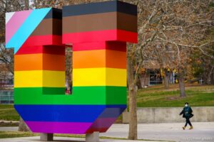 (Trent Nelson  |  The Salt Lake Tribune) The U on the University of Utah campus, painted with rainbow colors for Pride Week on Thursday, March 25, 2021.