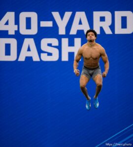 (Trent Nelson  |  The Salt Lake Tribune) Chris Wilcox prepares to run the 40-yard dash, which he did in 4.31 seconds, during BYU football Pro Day, in Provo on Friday, March 26, 2021.