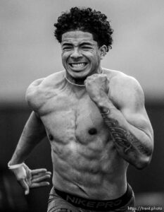 (Trent Nelson  |  The Salt Lake Tribune) Chris Wilcox runs the 40-yard dash in 4.31 seconds during BYU football Pro Day, in Provo on Friday, March 26, 2021.