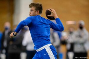 (Trent Nelson  |  The Salt Lake Tribune) BYU quarterback Zach Wilson works out for NFL scouts during BYU Pro Day, in Provo on Friday, March 26, 2021.