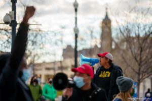 (Trent Nelson  |  The Salt Lake Tribune) Lex Scott at a rally sponsored by the Black Lives Matter Utah Chapter, at the Public Safety Building in Salt Lake City on Friday, April 16, 2021.