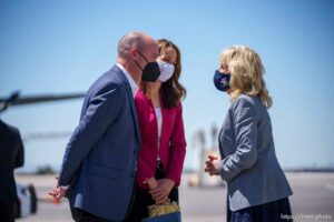 (Trent Nelson  |  The Salt Lake Tribune) First lady Jill Biden is greeted by Gov. Spencer Cox and Abby Cox in Salt Lake City on Wednesday, May 5, 2021.